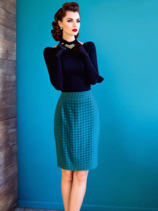 1950s Style Vintage Pencil Skirt Wool Houndstooth