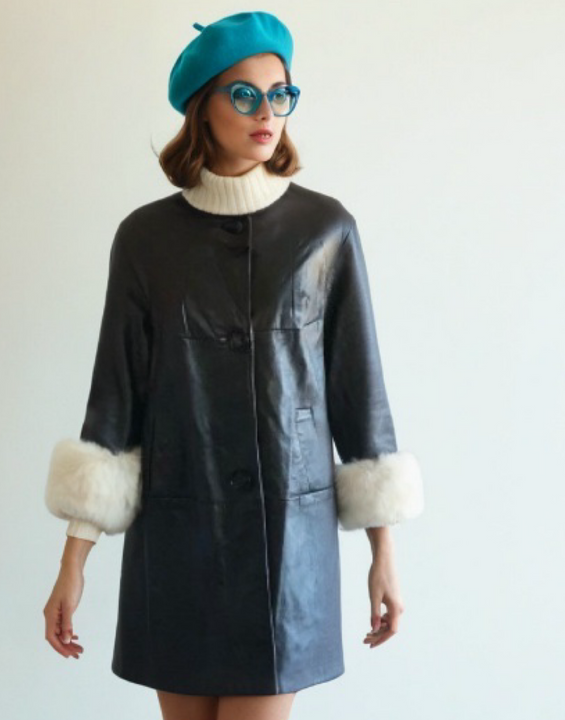 Vintage 60s Mod Swing Coat Black Leather Fur