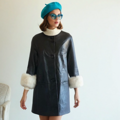 Vintage 60s Mod Swing Coat Black Leather Fur