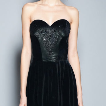 Laura Ashley Black Velvet Strapless Party Dress 80s