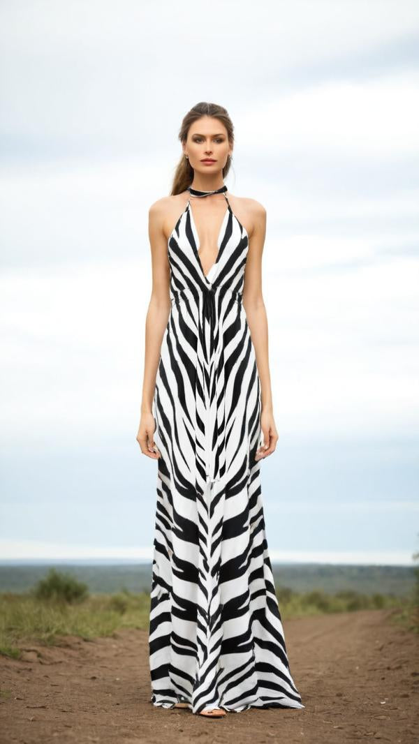 Silk Halterneck Backless Dress Zebra Print