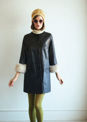 Vintage 60s Mod Swing Coat Black Leather Fur