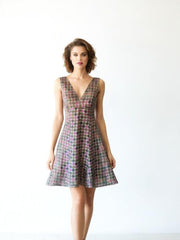 80s Vintage Silk Fit Flare Dress Geometric