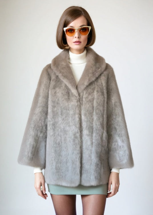 Vintage 60s Mod Faux Fur Coat Silver Grey