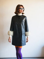 Vintage 60s Mod Swing Coat Black Leather Fur