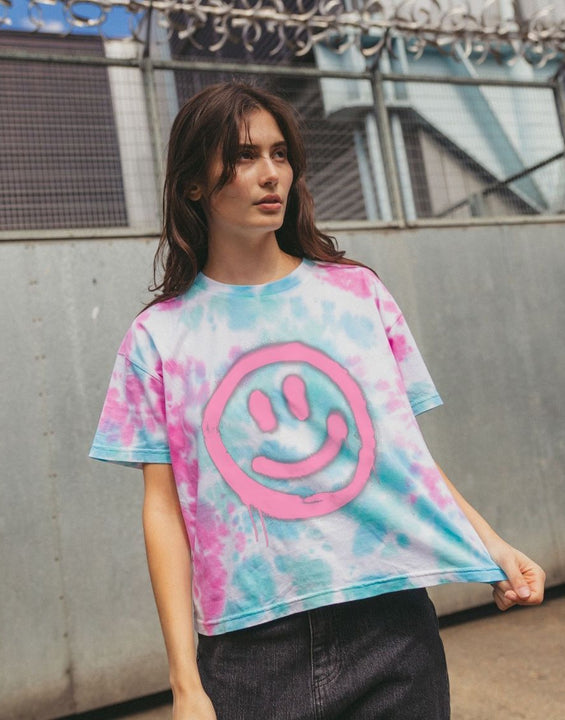 Retro Smiley Face Tie Dye Boxy T Shirt Organic