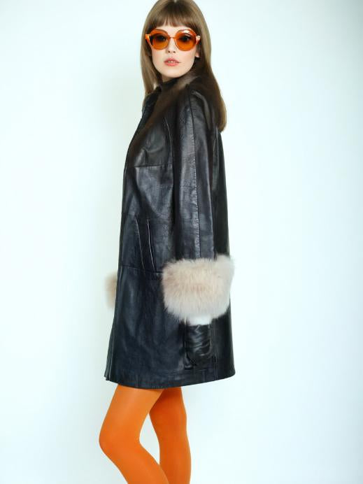 Vintage 60s Mod Swing Coat Black Leather Fur