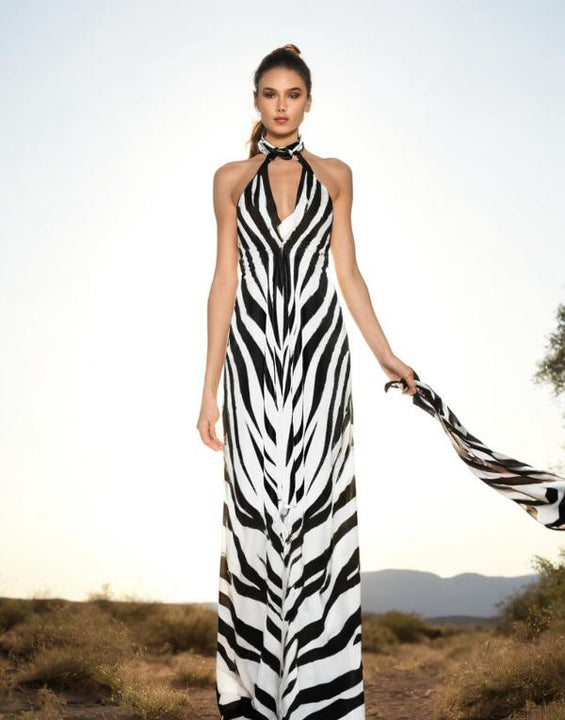 Silk Halterneck Backless Dress Zebra Print