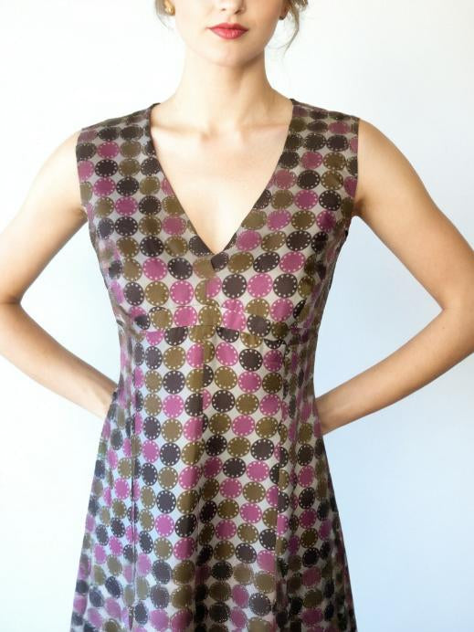 80s Vintage Silk Fit Flare Dress Geometric