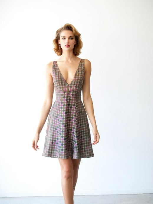 80s Vintage Silk Fit Flare Dress Geometric