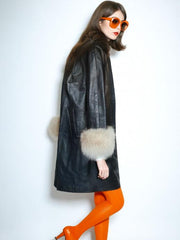 Vintage 60s Mod Swing Coat Black Leather Fur