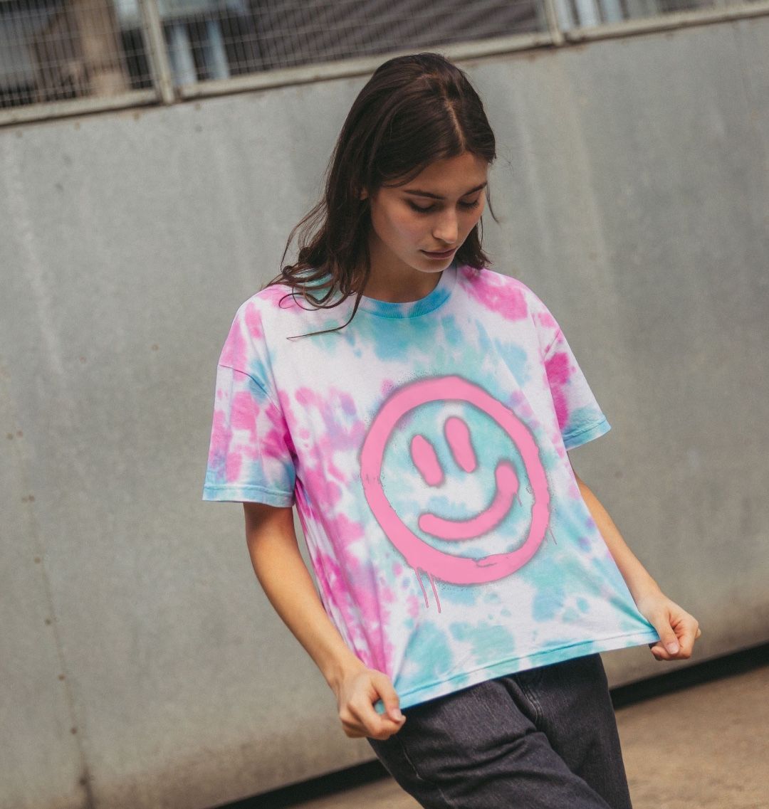 Retro Smiley Face Tie Dye Boxy T Shirt Organic