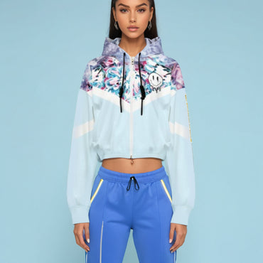 Veste bomber courte à imprimé floral bleu pâle