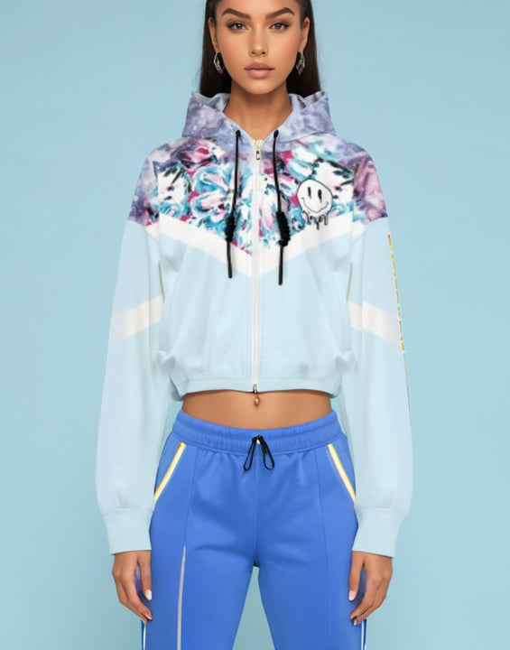 Pale Blue Floral Cropped Bomber Jacket