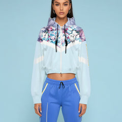 Pale Blue Floral Cropped Bomber Jacket