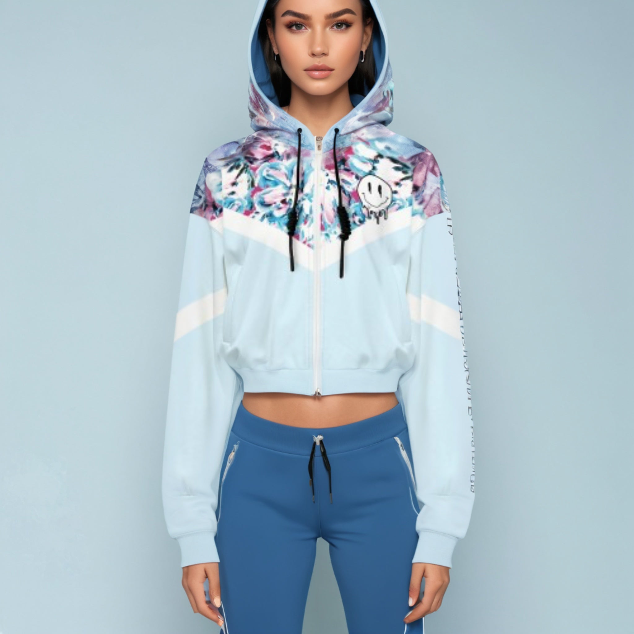 Pale Blue Floral Cropped Bomber Jacket