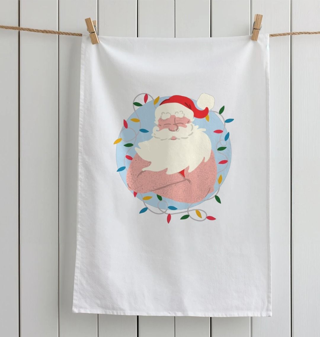 Father Christmas Printed Tea Towel Cotton