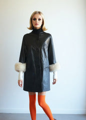 Vintage 60s Mod Swing Coat Black Leather Fur