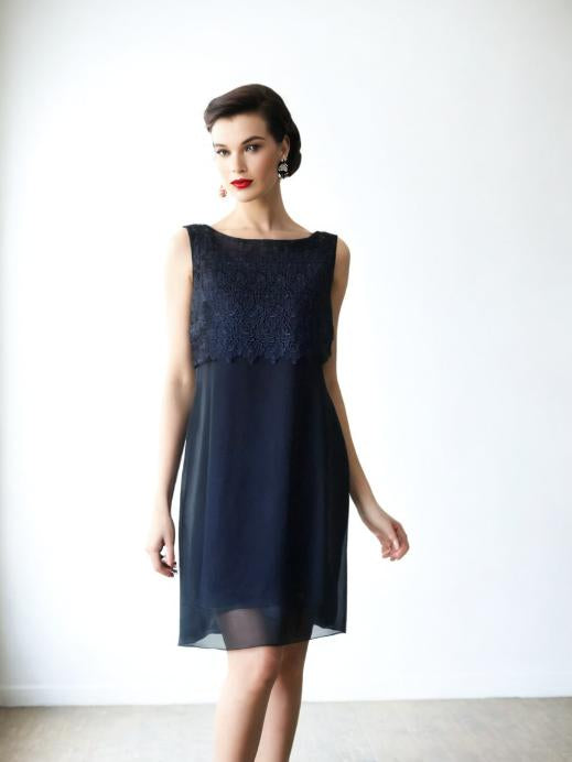 Vintage 50s Cocktail Dress Chiffon Navy Blue