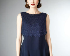 Vintage 50s Cocktail Dress Chiffon Navy Blue