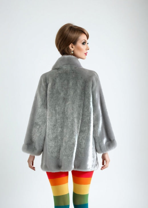 Vintage 60s Mod Faux Fur Coat Silver Grey