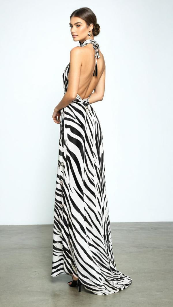 Silk Halterneck Backless Dress Zebra Print