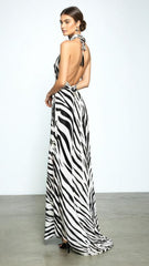 Silk Halterneck Backless Dress Zebra Print