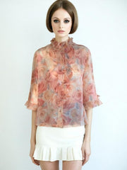 60s Vintage Mod Floral Blouse Sheer Ruffle Neck