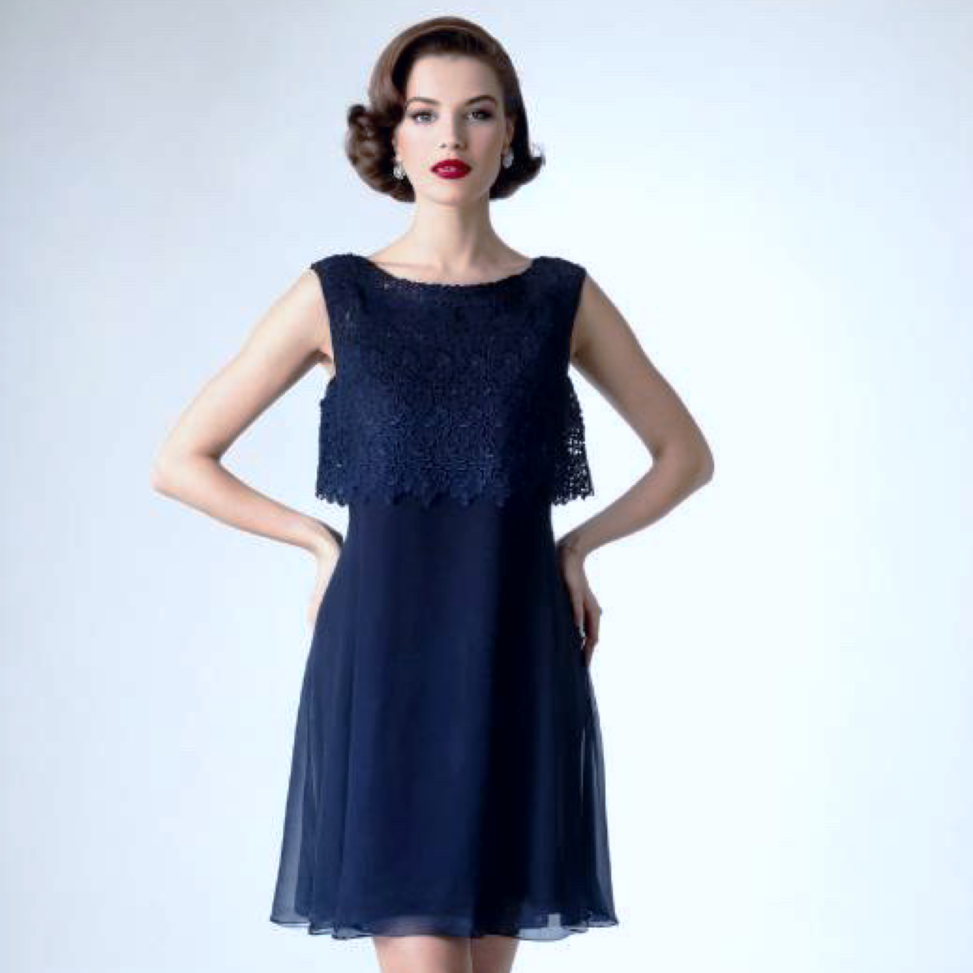 Vintage 50s Cocktail Dress Chiffon Navy Blue