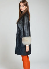 Vintage 60s Mod Swing Coat Black Leather Fur