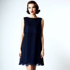 Vintage 50s Cocktail Dress Chiffon Navy Blue