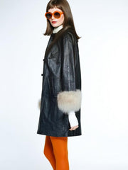 Vintage 60s Mod Swing Coat Black Leather Fur