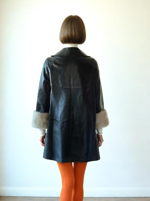 Vintage 60s Mod Swing Coat Black Leather Fur