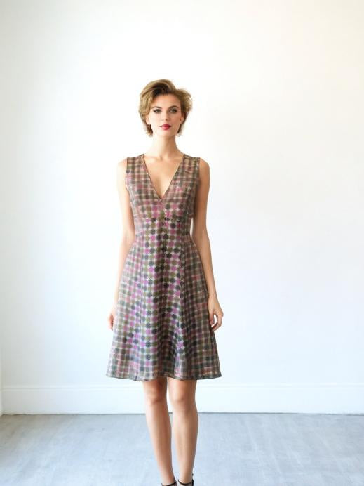 80s Vintage Silk Fit Flare Dress Geometric