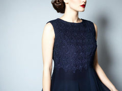 Vintage 50s Cocktail Dress Chiffon Navy Blue