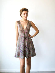 80s Vintage Silk Fit Flare Dress Geometric