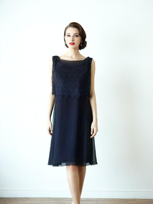 Vintage 50s Cocktail Dress Chiffon Navy Blue