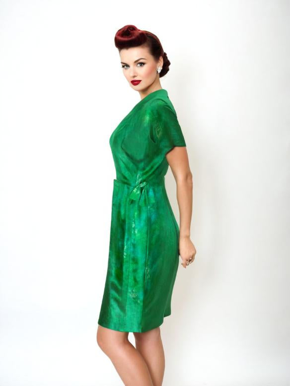 Vintage 50s Rockabilly Dress Green Silk Couture