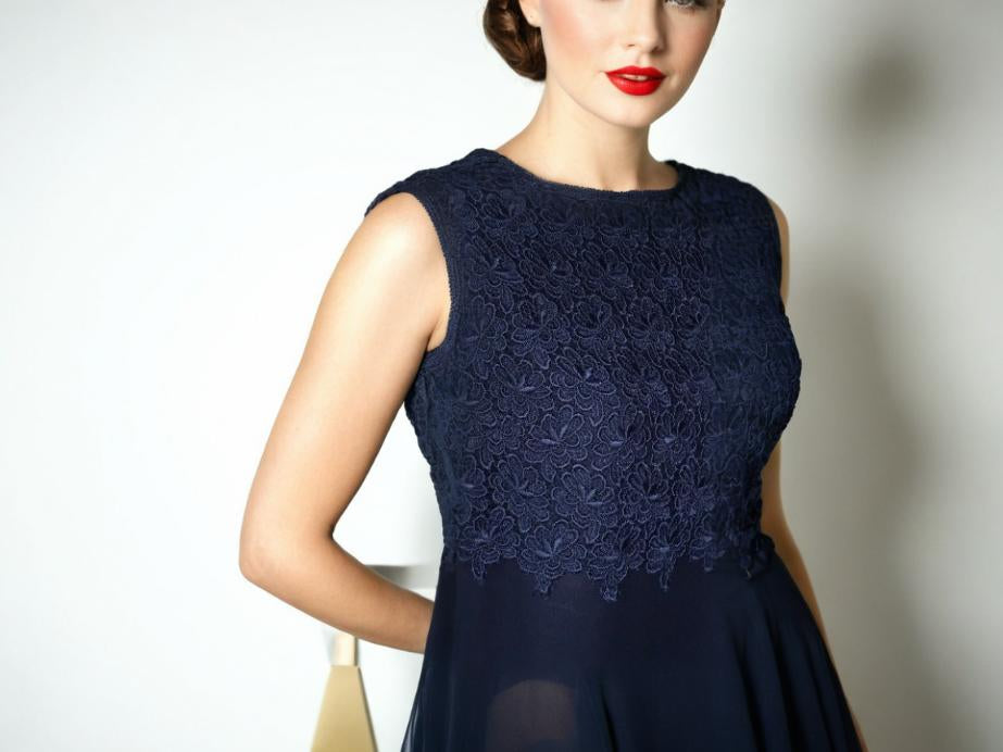 Vintage 50s Cocktail Dress Chiffon Navy Blue