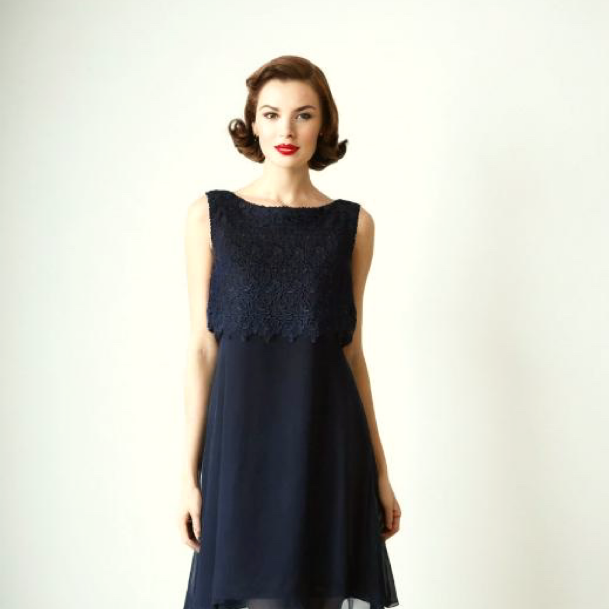 Vintage 50s Cocktail Dress Chiffon Navy Blue