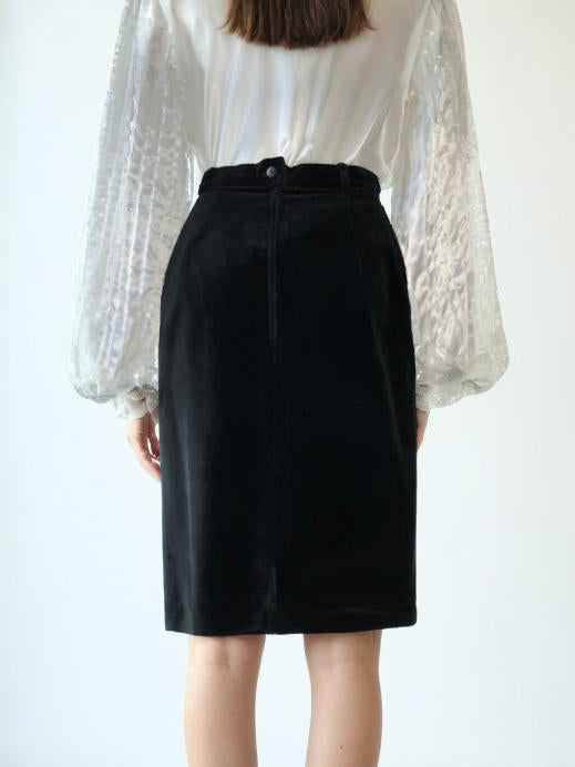 80s Vintage Black Velvet High Waist Skirt