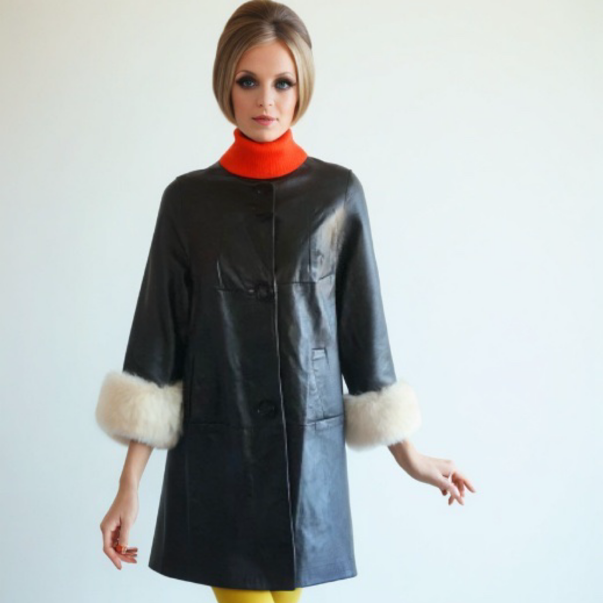 Vintage 60s Mod Swing Coat Black Leather Fur