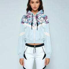 Pale Blue Floral Cropped Bomber Jacket