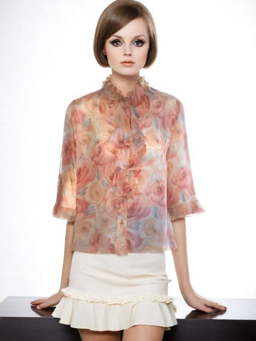 60s Vintage Mod Floral Blouse Sheer Ruffle Neck