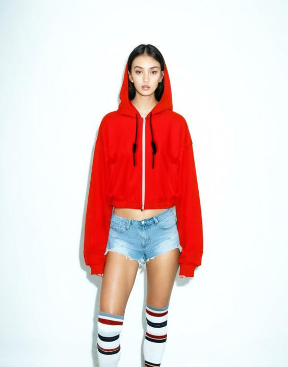 Cropped Full Zip Hoodie Red