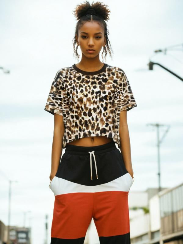 Leopard Print Cropped Short T Shirt