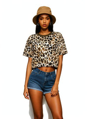 Leopard Print Cropped Short T Shirt