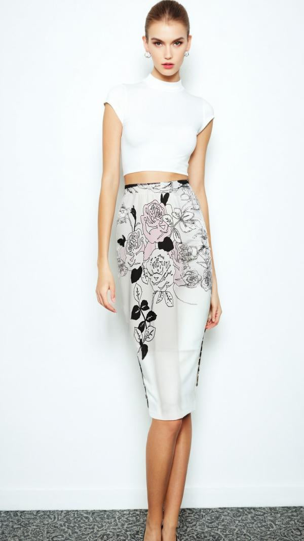 Rose Print Pencil Skirt Women