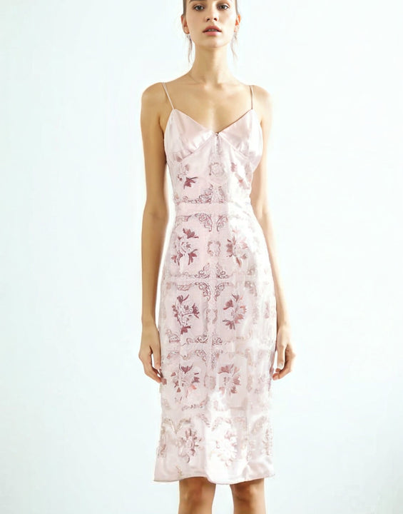 Pure Silk Pattern Slip Dress Pink