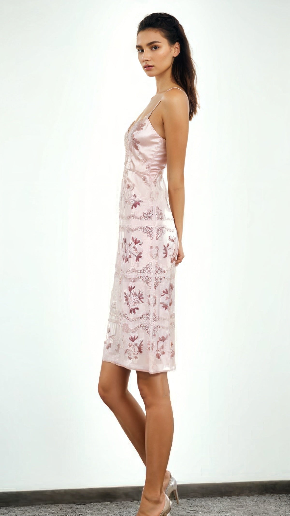 Pure Silk Pattern Slip Dress Pink